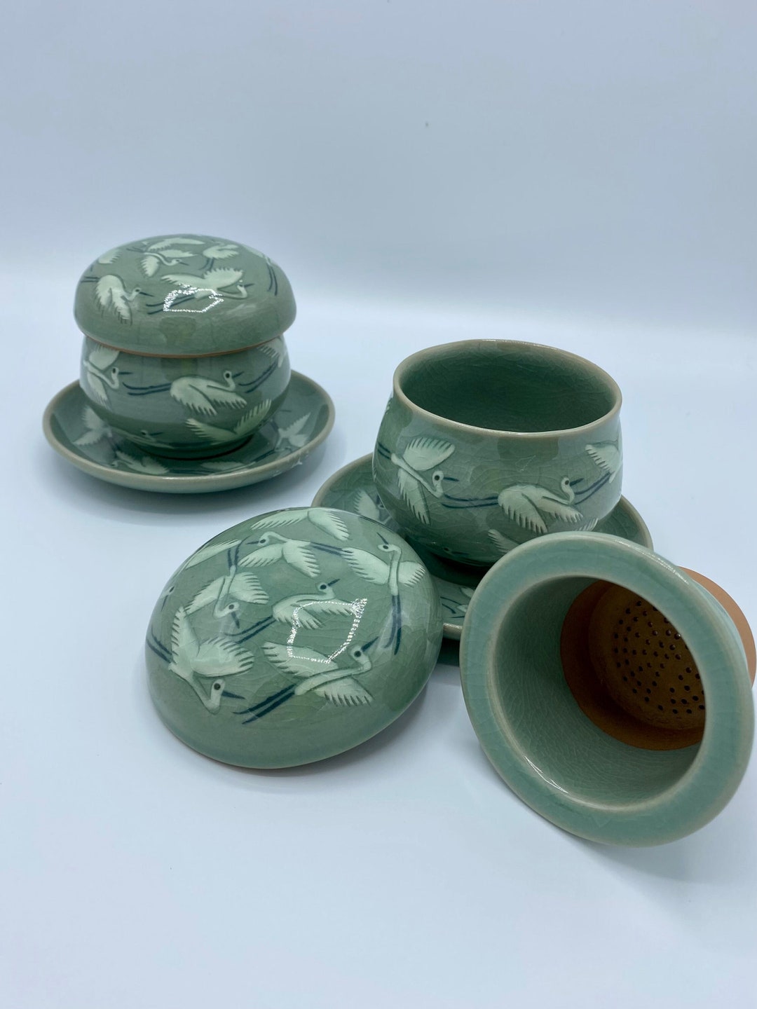 Korean Handmade Crane Celadon Tea Cups Including Plate and Etsy