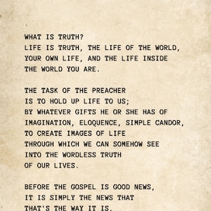 May include: A vintage-style quote about truth and the task of the preacher, written in black text on a beige background. The quote is attributed to Frederick Buechner.