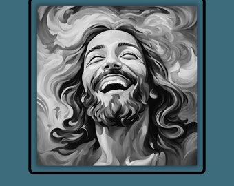Joyful Jesus Laughing Wall Art black and white | Inspirational Christian Painting | Printable Religious Decor