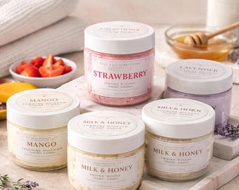 Foaming Whipped Sugar Scrub | Exfoliating Body Polish | Hydrating Shea Butter Scrub | Handmade Luxury Skincare | Strawberry, lavender