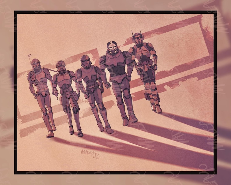 May include: Illustration of five figures in futuristic armor, rendered in shades of brown and purple. The figures are standing in a row, with long shadows cast behind them. The artwork has a comic book style.