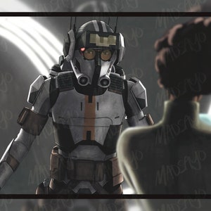 May include: A white and orange armoured figure with a black helmet and a visor. The figure is looking at a person with dark hair and a green shirt.