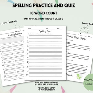 Spelling Practice and Quiz for 10 Words (Kindergarten to Third Grade) Printable Worksheets