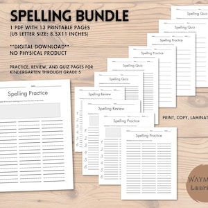 Spelling Practice, Review, and Quiz Bundle (Kindergarten to Second Grade) Printable Worksheets