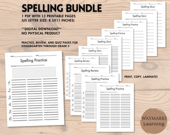 Spelling Practice, Review, and Quiz Bundle (Kindergarten to Fifth Grade) Printable Worksheets