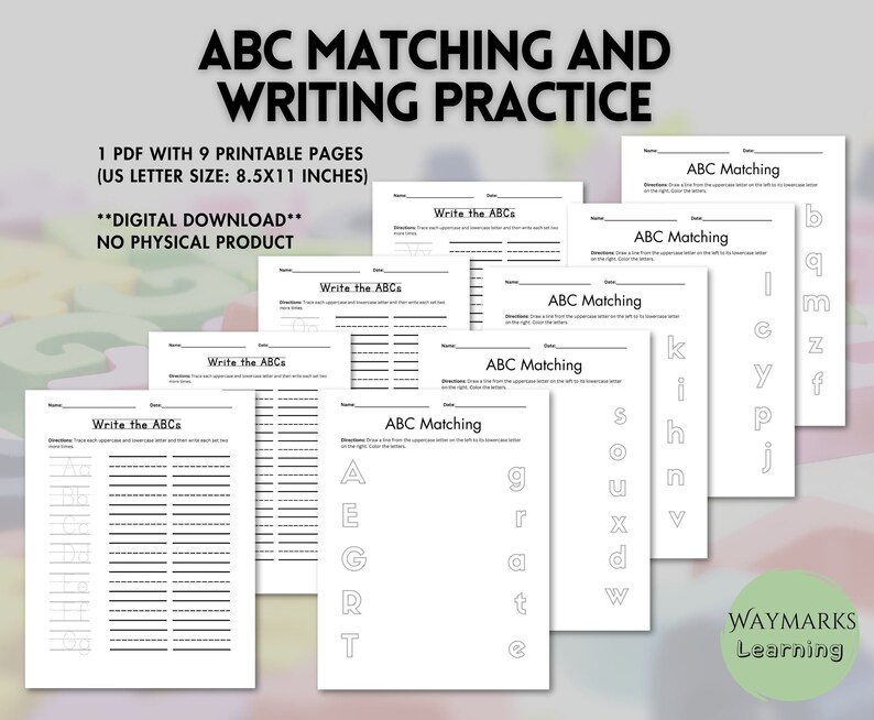 ABC Matching and Writing Practice Kindergarten to First Grade Printable Worksheets image 1