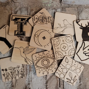 Wood burned coaster set