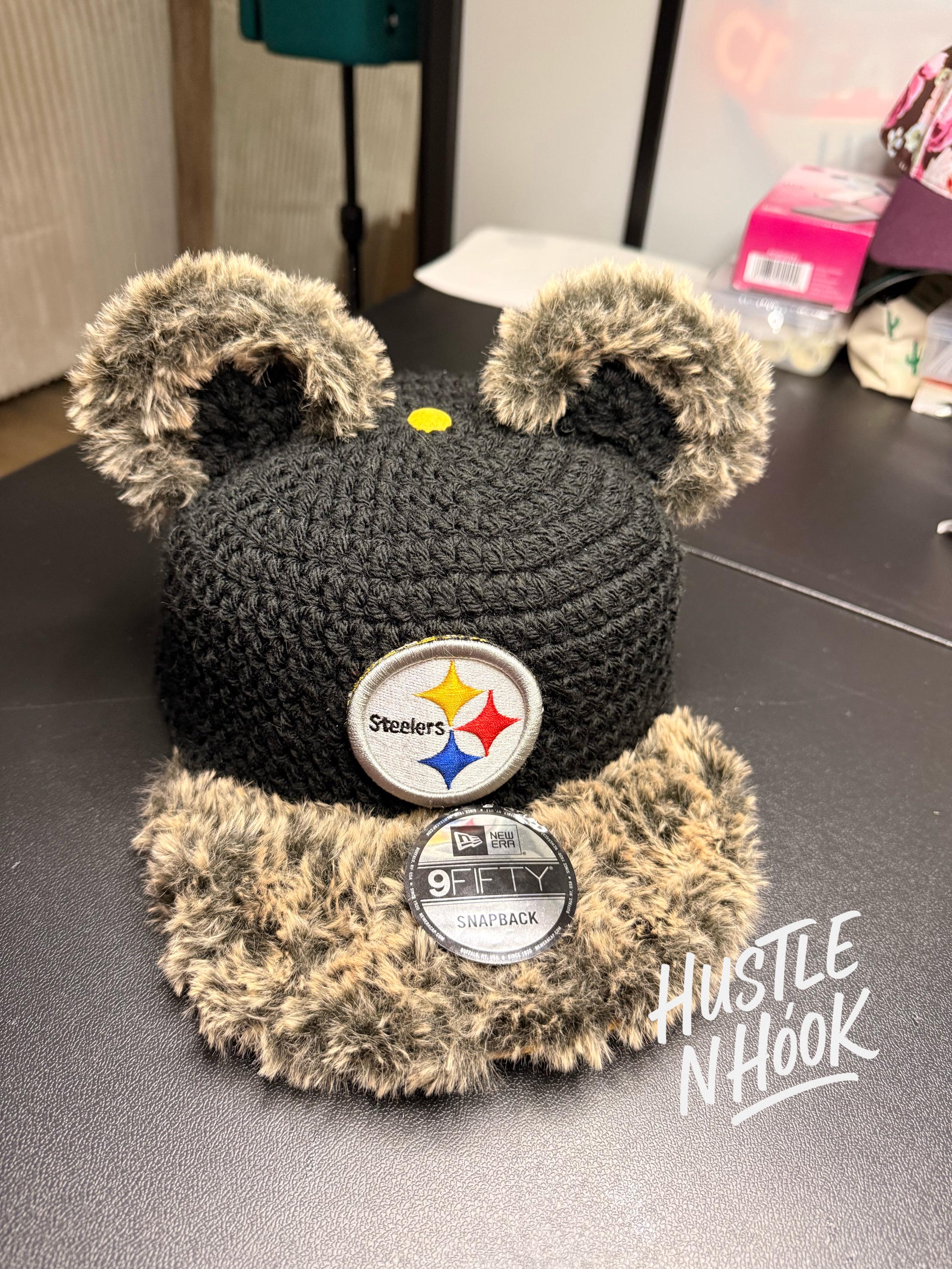 Crochet Fur Brim Snapback With Bear Ears Pittsburgh Football Fan Hat ...