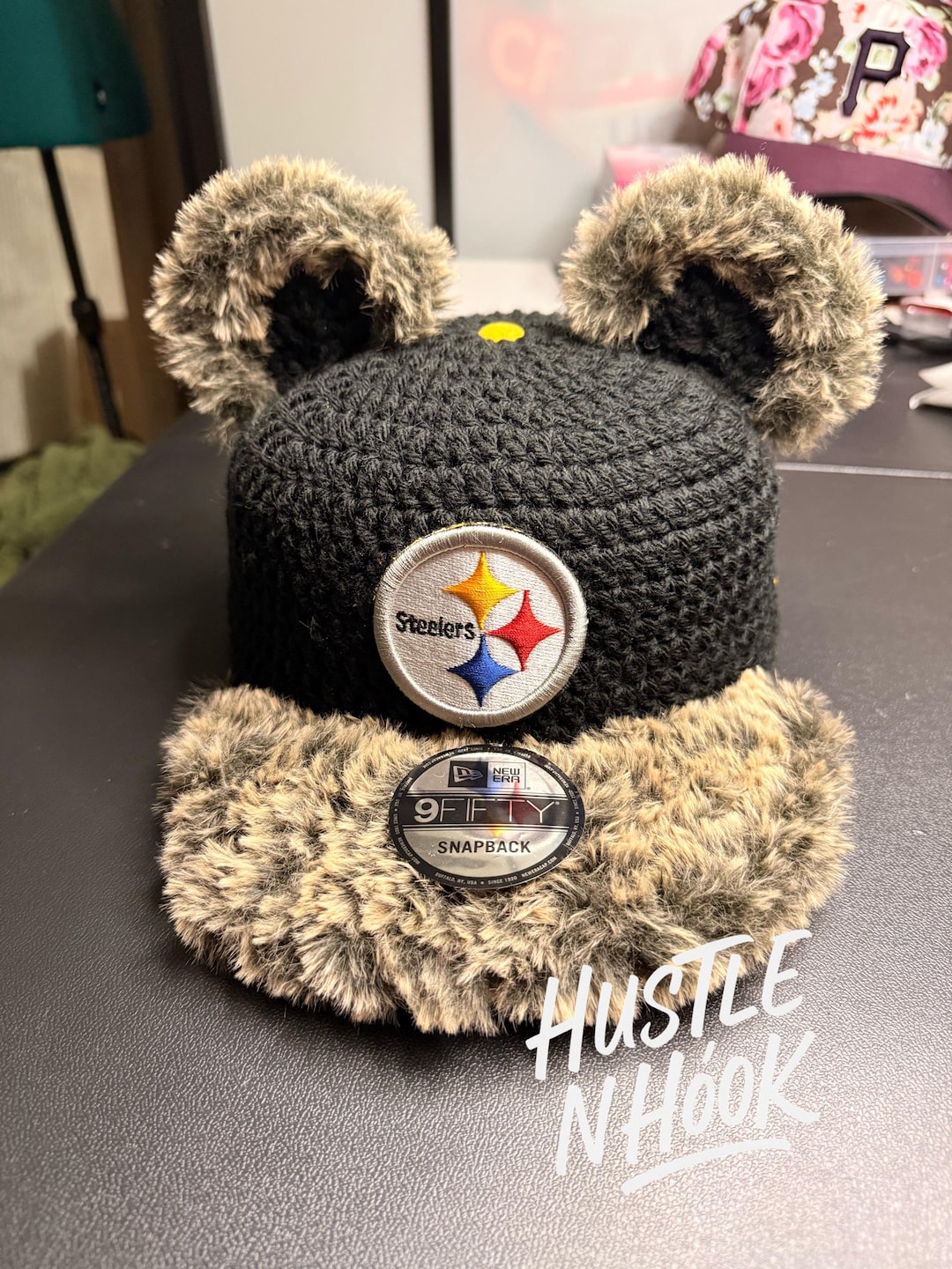 Crochet Fur Brim Snapback With Bear Ears Pittsburgh Football Fan Hat ...