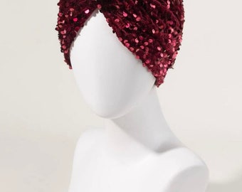 Turbante hiyab con nudo de lentejuelas rojo rubí