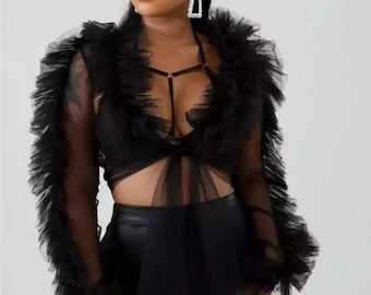 Mesh Ruffled Long Sleeve Top