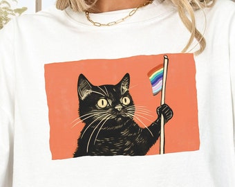 Black Cat Pride T-Shirt, Gay Pride Kitty, LGBTQ+ Cat, Rainbow Shirt, Subtle Pride, Love is Love, Queer Apparel, Gay Cat Mom, Gay Cat Dad