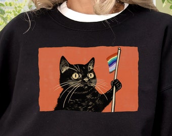 Black Cat Pride Sweatshirt, Gay Pride Kitty, LGBTQ+, Rainbow Sweatshirt, Subtle Pride, Love is Love, Equality, Queer Apparel, Gay Cat Mom