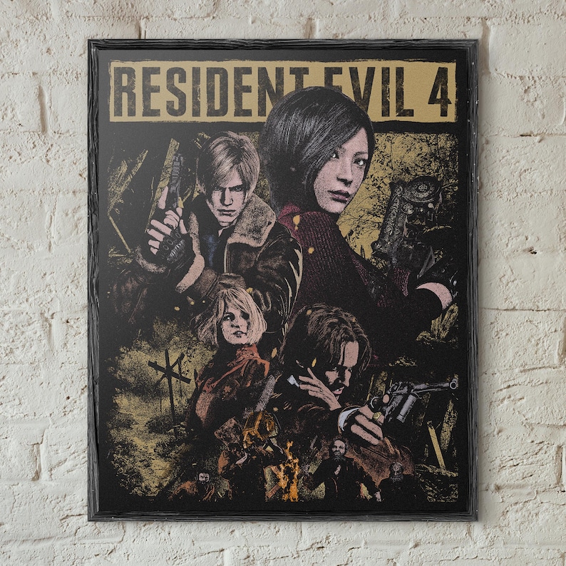 K&ouml;nnte beinhalten: Ein gerahmtes Poster mit dem Text RESIDENT EVIL 4 am oberen Rand. Das Kunstwerk zeigt eine dunkle, texturierte Illustration der Charaktere Leon S. Kennedy, Ada Wong, Ashley Graham und Luis Serra in einer schwarz-goldenen Farbpalette.