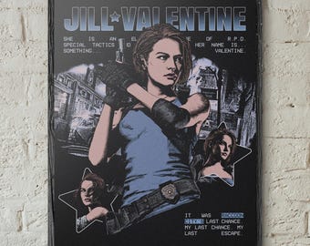 May include: A framed poster featuring Jill Valentine in a blue tank top and tactical gear, holding a handgun. The design includes text reading JILL VALENTINE, R.P.D. SPECIAL TACTICS, and RACCOON CITY'S LAST CHANCE, with two star-shaped portraits of the character.