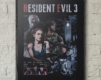 May include: A framed poster featuring Resident Evil 3 artwork with characters Jill Valentine and Carlos Oliveira, the Nemesis creature, and a clock tower. The text reads Resident Evil 3 and The ashes of Raccoon City would be Umbrella's too.