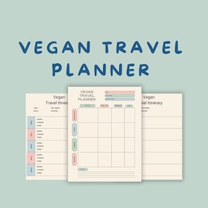 Modelo de roteiro de viagem vegano, planejador de viagens vegano, para impressão, guia de viagem, planejador de viagens digital, modelo de roteiro de viagem editável