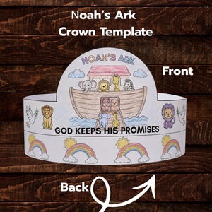 Peut inclure: Un modèle de couronne en papier illustrant l'arche de Noé avec divers animaux, un arc-en-ciel et le texte "NOAH'S ARK" et "GOD KEEPS HIS PROMISES". Le motif comprend des dessins colorés de lions, girafes, éléphants et zèbres sur une bande blanche.