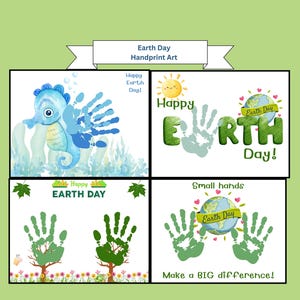 May include: A printable Earth Day craft for kids featuring handprint art. The design includes a blue seahorse, green trees, and the words "Happy Earth Day" and "Small hands make a big difference!"