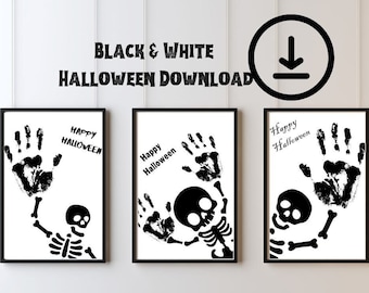 Puede incluir: Tres carteles de Halloween imprimibles en blanco y negro con huellas de manos y esqueletos con el texto "Feliz Halloween".