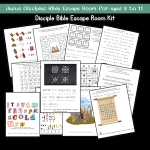 Może przedstawiać: Zestaw arkuszy aktywności do druku dla zestawu biblijnego escape room o uczniach Jezusa. Strony zawierają różne łamigłówki, w tym zadania matematyczne, labirynty, szyfry, siatki literowe oraz ilustracje postaci biblijnych.