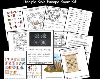 Puede incluir: Una colección de hojas de actividades imprimibles para un kit de escape room bíblico sobre los discípulos de Jesús. Las páginas incluyen varios acertijos, como problemas matemáticos, laberintos, cifrados, cuadrículas y dibujos.