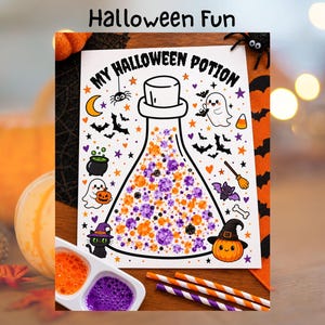 May include: A white activity sheet titled MY HALLOWEEN POTION featuring a large potion bottle outline filled with orange and purple dots. The page includes illustrations of ghosts, bats, a black cat, a pumpkin, and a spider, with orange and purple paint.