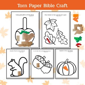 Puede incluir: Una colección de cinco dibujos lineales en blanco y negro para un proyecto de manualidades bíblicas. Los dibujos incluyen una manzana, hojas, una ardilla, bellotas y una calabaza. Cada imagen tiene trozos de papel rasgado adheridos. El texto "Torn Paper Bible Craft" está en la parte superior.