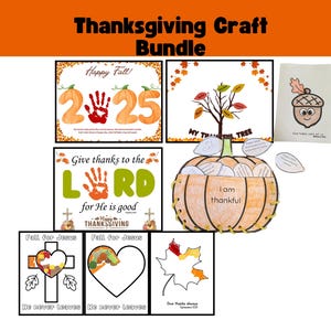 Könnte beinhalten: Thanksgiving-Bastelset mit verschiedenen druckbaren Aktivitäten. Enthält Kürbis-, Baum- und Blattausschnitte sowie Karten mit Handabdrücken und dem Text "Happy Fall!" und "Give thanks to the LORD".