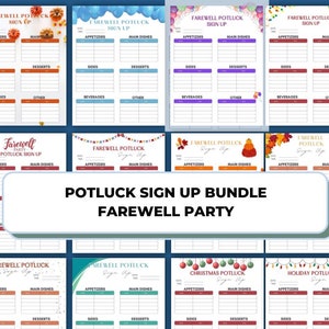 Puede incluir: Un paquete de hojas de inscripción para un potluck de despedida imprimibles. Las hojas presentan diferentes temas, incluyendo hojas de otoño, adornos navideños y luces festivas. Cada hoja tiene secciones para aperitivos, platos principales, acompañamientos, postres, bebidas y otros.