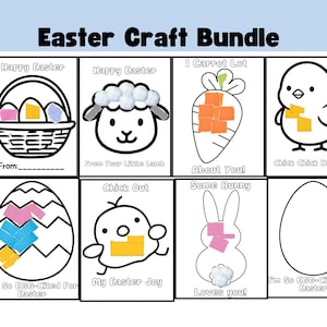 Puede incluir: Un paquete de manualidades de Pascua con ocho tarjetas ilustradas. Las tarjetas presentan imágenes temáticas de Pascua, como huevos, un cordero, una zanahoria, un pollito y un conejo. Cada tarjeta tiene un título y espacio para un mensaje.