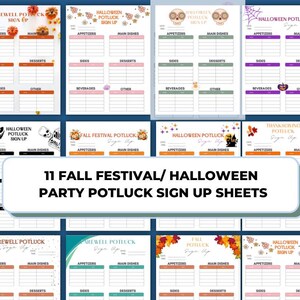 Op de afbeelding: Elf printbare Halloween- en herfstfestival-potluck-aanmeldformulieren. Elk formulier heeft een ander ontwerp met een Halloween- of herfstthema. De formulieren zijn ontworpen om mensen te helpen zich aan te melden om eten mee te nemen naar een potluck.