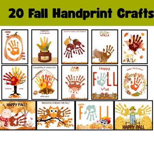 May include: A collection of 20 fall-themed handprint crafts. The images feature handprints creatively arranged as pumpkins, trees, animals, and fall foliage. Text includes "Happy Fall" and other seasonal phrases.