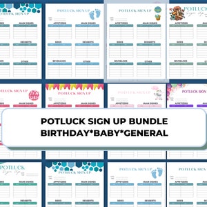 Puede incluir: Un conjunto de diez hojas de inscripción para potluck imprimibles con varios temas, que incluyen cumpleaños, bebé y general. Cada hoja presenta un diseño colorido e incluye secciones para aperitivos, platos principales, acompañamientos, postres, bebidas y otros.