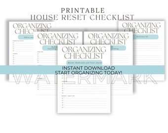 May include: Printable house reset checklist with a light blue background. The checklist is divided into sections for different rooms, including the office, bathroom, and master bathroom and linen closet.