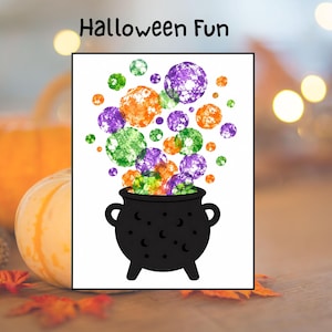 May include: A black cauldron with star and moon cutouts sits below a cluster of purple, orange, and green textured circles. The text "Halloween Fun" is printed in black at the top of the white rectangular background of this graphic illustration.