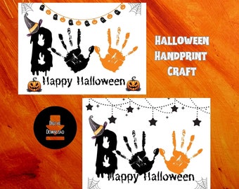 May include: Printable Halloween handprint craft with the word "Boo" and the text "Happy Halloween". The craft uses black and orange paint to create handprints and a witch's hat.