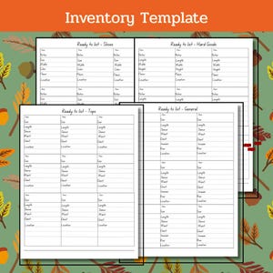 May include: An inventory template with the title "Inventory Template" at the top. The template includes sections for shoes, hard goods, tops, and general items, with fields for size, length, and other details. The background is green with autumn leaves.