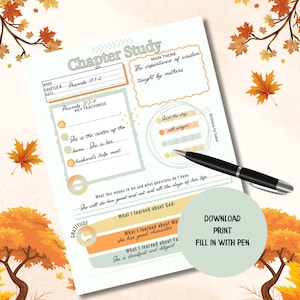 May include: A Chapter Study worksheet with the text "Proverbs 31:1-2" and "The importance of wisdom taught by mothers." Includes prompts for reflection and a pen. The design has an autumn theme with fall leaves.