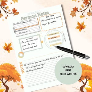 以下が含まれることがあります： テキストとペン付きの、印刷可能な説教ノートシート。シートには、聖書、重要なポイント、主要テーマのセクションが含まれています。シートのテキストは「説教ノート」と「ダウンロード、印刷、ペンで記入」と書かれています。