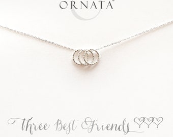 Sterling Silver Three Ring Necklace - Friends, Personalized Card