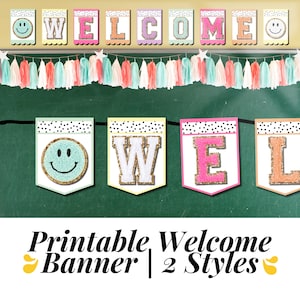 Welcome Banner 2 Styles | Groovy Classroom Decor | Chenille Patches | Bulletin Board Bunting | White Board Decor | Welcoming Classroom