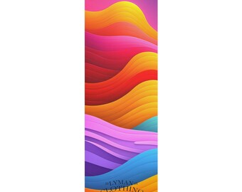 May include: A vertical rectangular graphic with a gradient of colors, including pink, yellow, orange, red, purple, and blue, resembling layered waves. The bottom right corner features the text "LYMAN CLOTHING CO."
