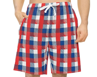 Red White Blue Plaid Athletic Long Shorts | Checkered Print