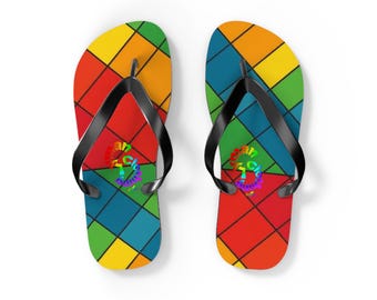 Colorful Geometric Pattern Flip Flops | Rainbow Tile Summer Sandals