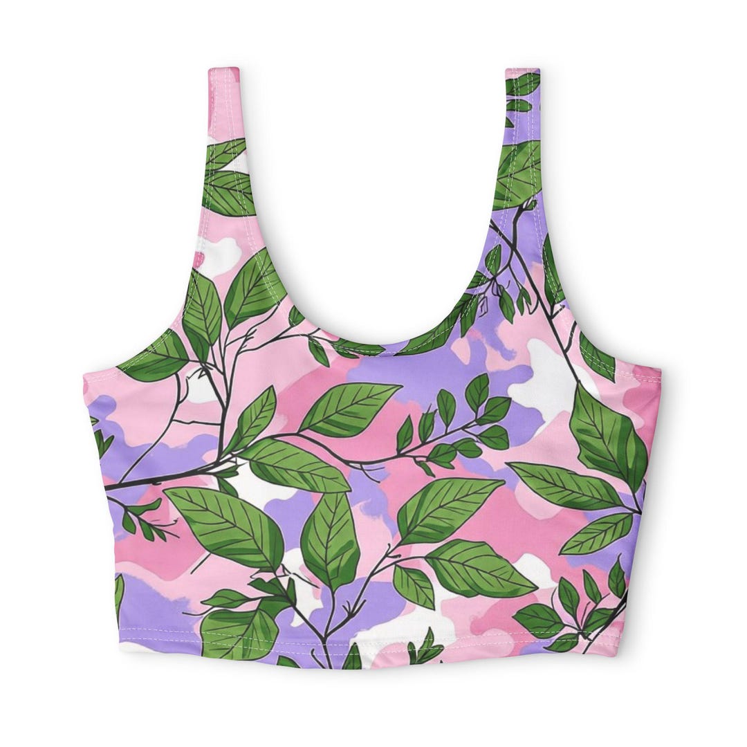 Green Leaf Pattern Sports Bra | Pink Purple Camouflage Botanical - Etsy
