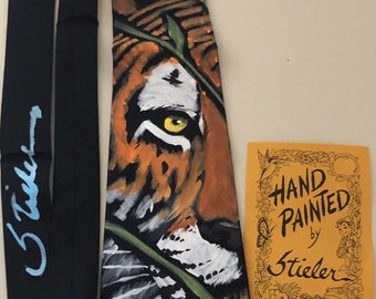 Hand Painted Tiger Silk Tie - Valan Stieler Signed Vintage Art