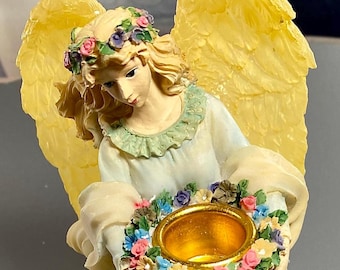Vintage Angel Figurine Candlestick Holder: Floral Basket Decor