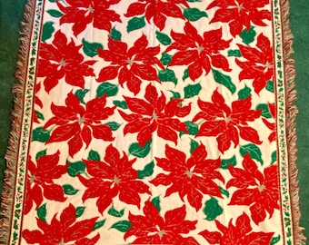 Vintage poinsettia design Throw: 100% Cotton Jacquard, USA Made (55" x 60")