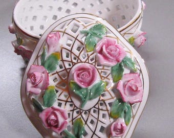 Delicate vintage porcelain Rose Trinket Box by  Golden Lace Trellis Decor